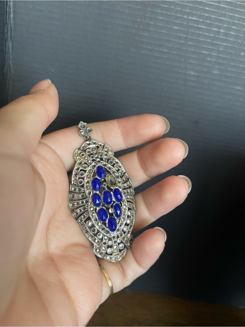 Art deco sterling silver pendant with lápiz lazuli and Marcasite 1930s-1040s